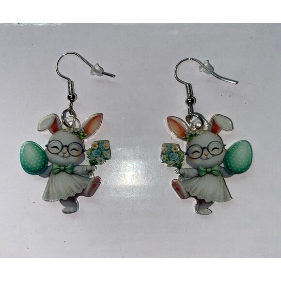 Earrings that are a Cute Little Girl Bunny with Glasses Unique Fun Lightweight - Picture 1 of 6